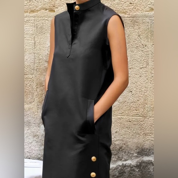 Elegant Black Sleeveless Dress with Gold Button Accents - Picture 2 of 5